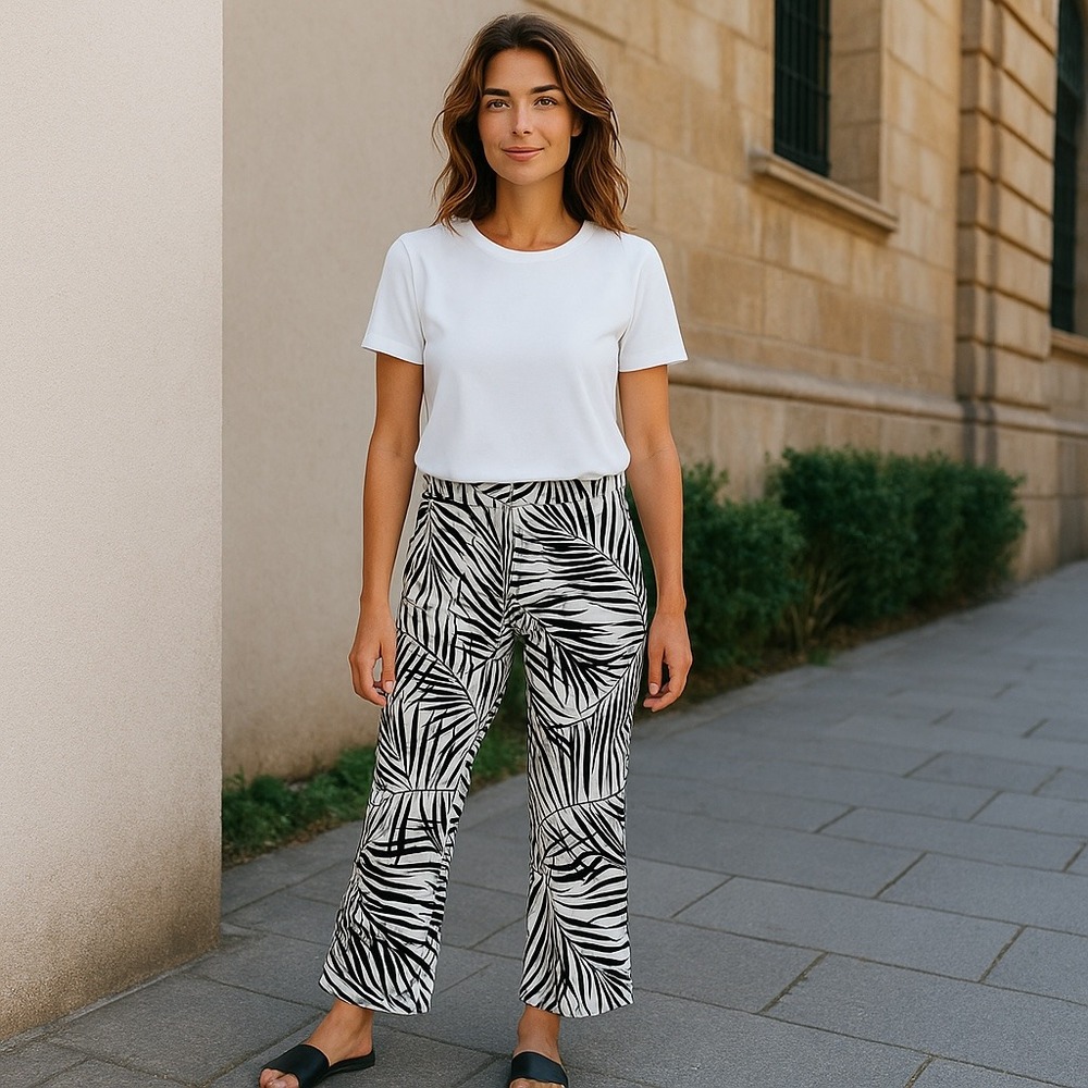 Estelle and Finn Black White Ankle Trousers Women's Size 6 Palm Print Made in NY - Picture 1 of 16
